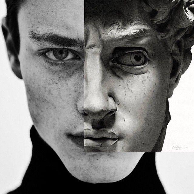 Man and statue collage